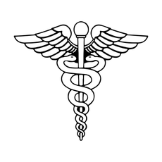Caduceus medical emblem showing a vertical staff with two snakes coiled around it and wings extending outward at the top.