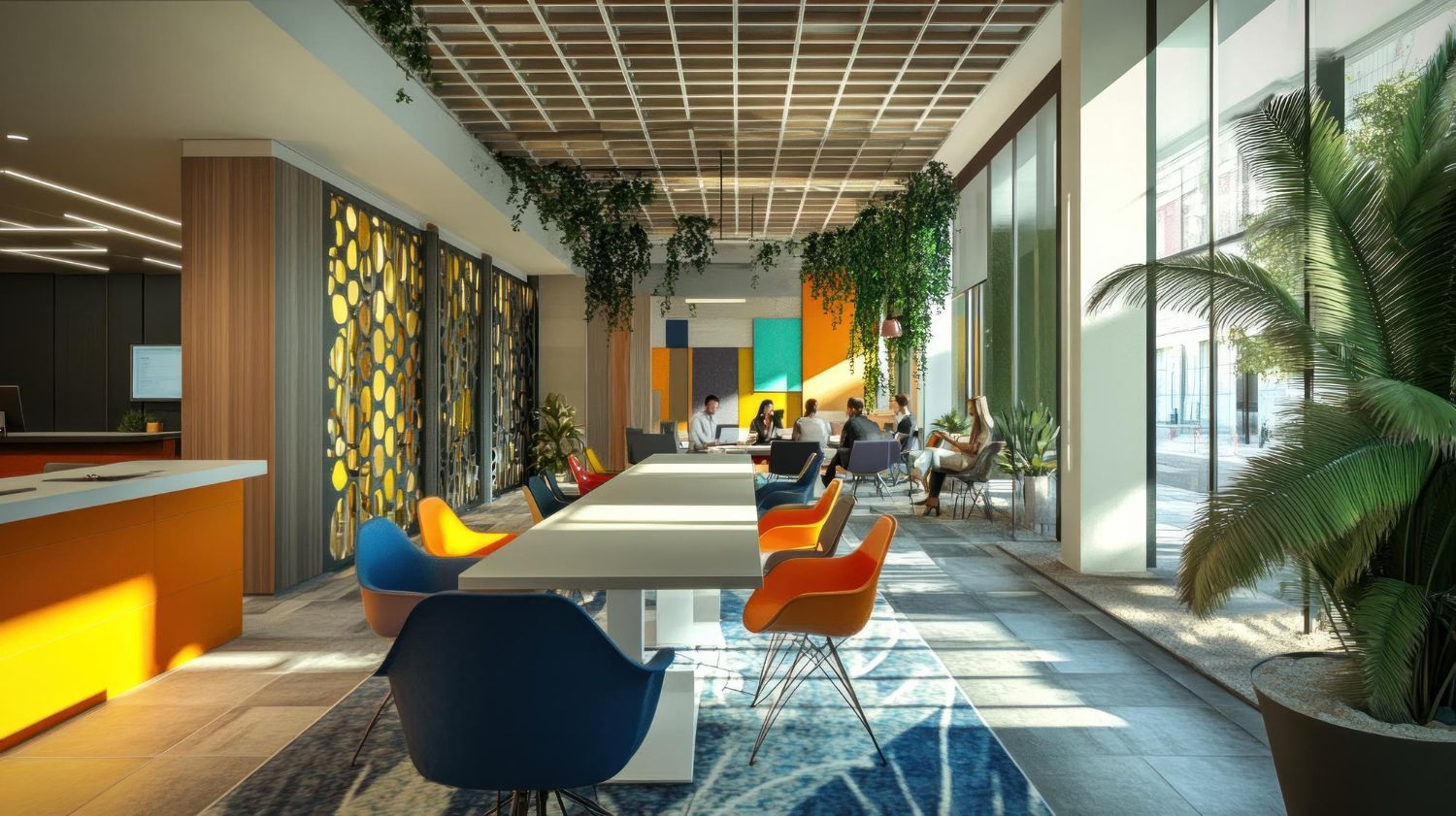 Modern co-working space with long table, colorful chairs, greenery, and large windows.