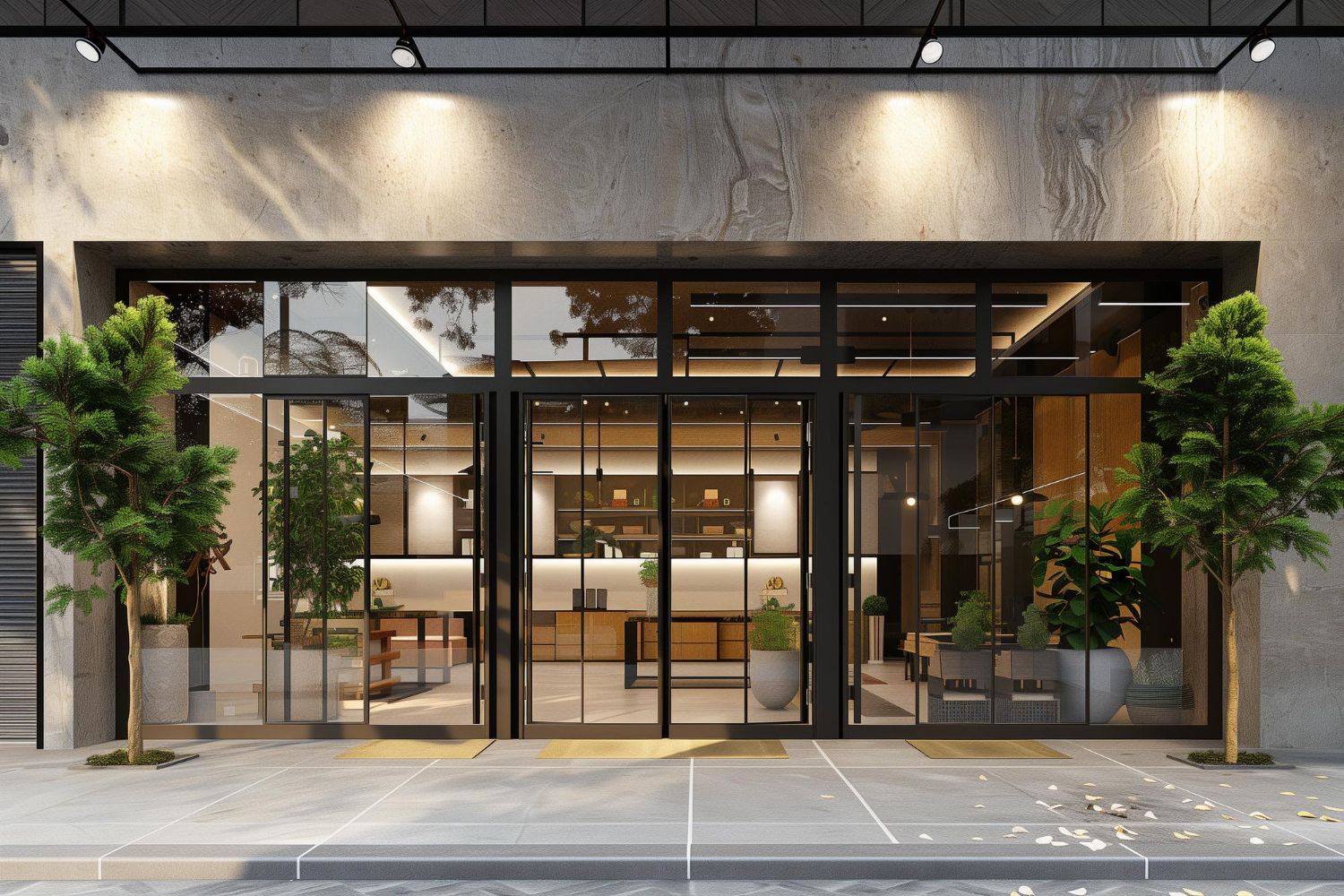 Modern building entrance with glass doors, concrete exterior, and potted trees.