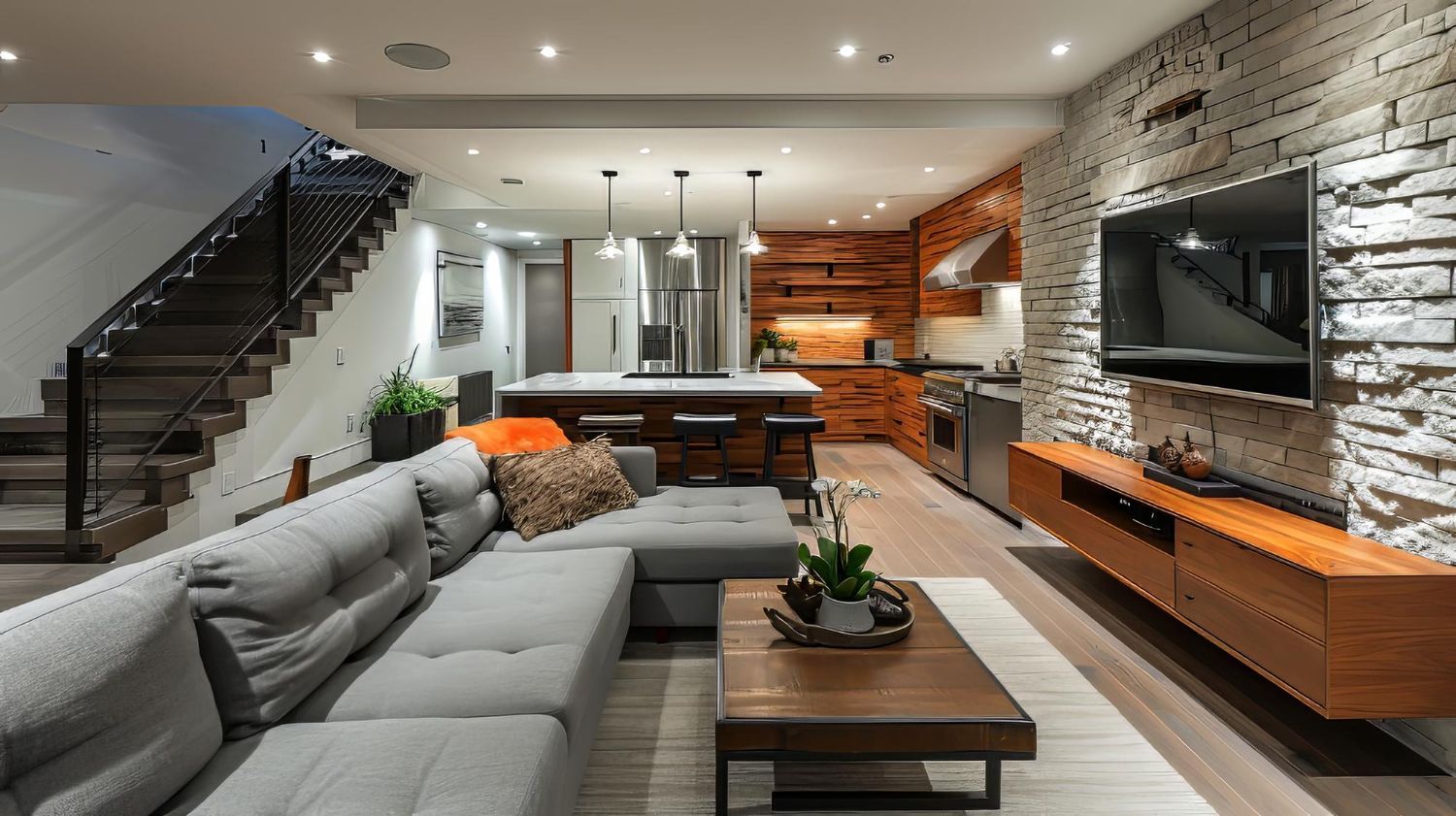 Modern living room with gray sectional, wood coffee table, staircase, and open kitchen with bar seating