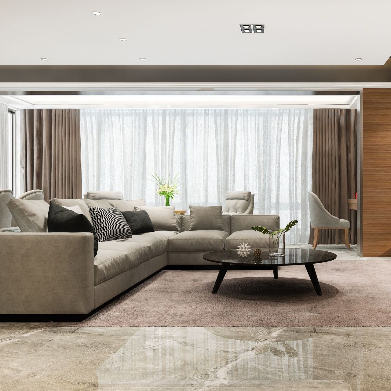 A living room with hardwood floors and a ceiling fan