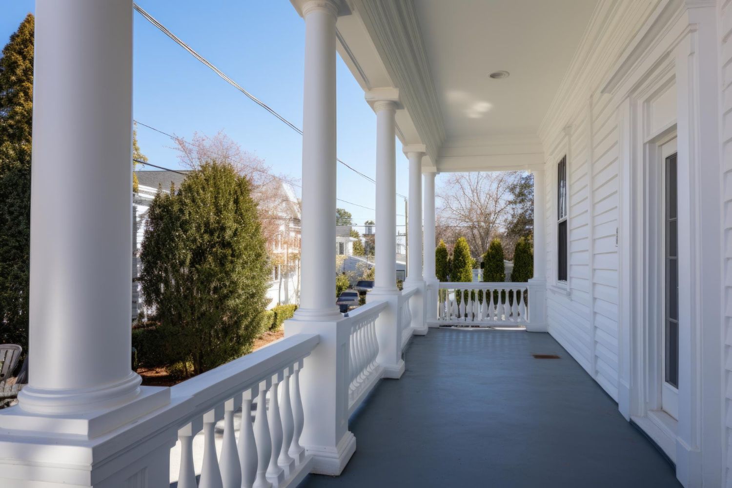 Red Victorian house with a gray, conical tower roof under a blue sky.