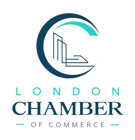 The logo for the london chamber of commerce is blue and white.