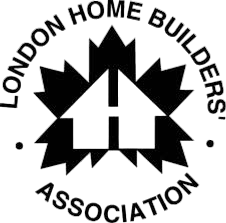 A black and white logo for the London Home Builders' Association featuring a stylized house silhouette inside a maple leaf.