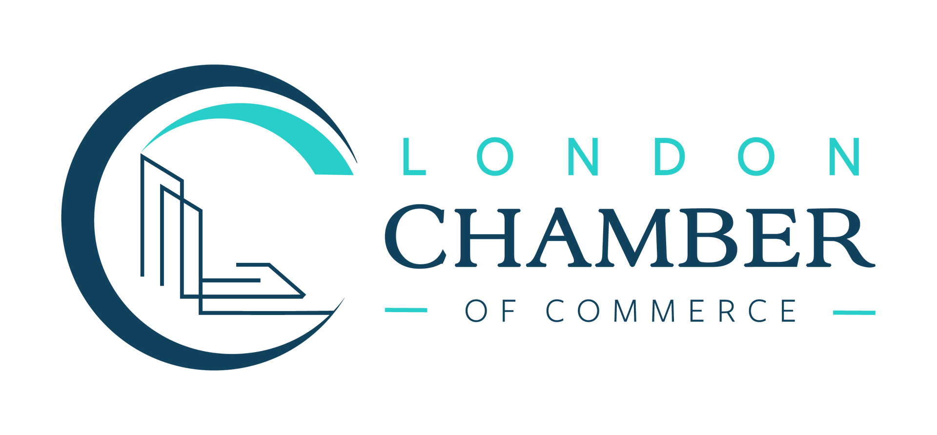 Logo for the London Chamber of Commerce featuring a stylized blue circular icon and text in dark blue and teal.