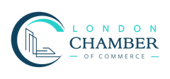 Logo of the London Chamber of Commerce featuring a stylized, teal and dark blue circular geometric icon next to the text.