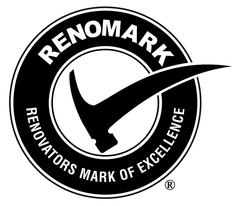 A circular logo featuring a hammer shaped like a checkmark with text reading 