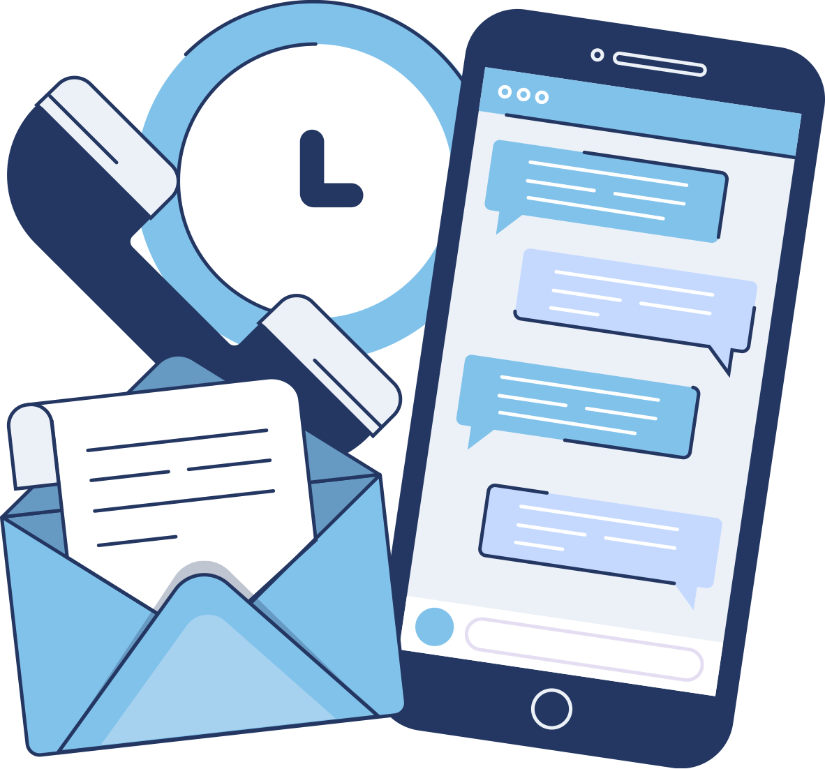 Phone, clock, envelope, and smartphone displaying chat bubbles, all in blue tones.
