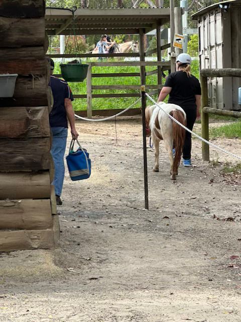 Woman in wheelchair smiling as another woman kneels beside her in a park.