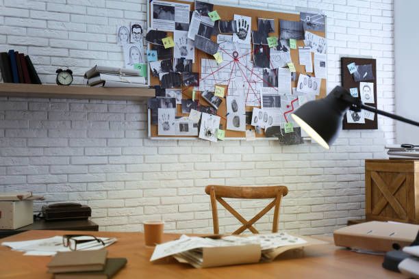 Detective office interior with workplace and investigation board