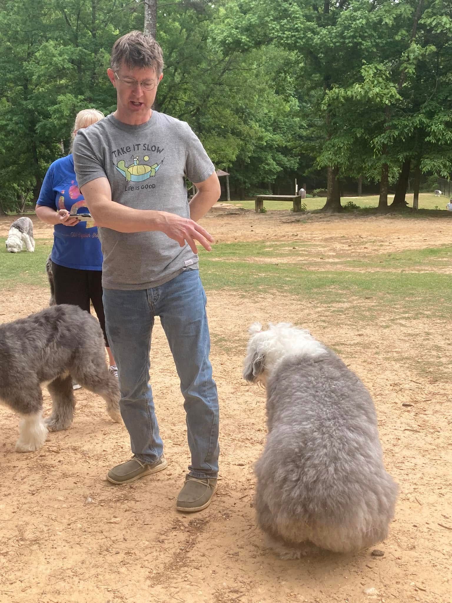 A man is standing next to two dogs in a dirt field.