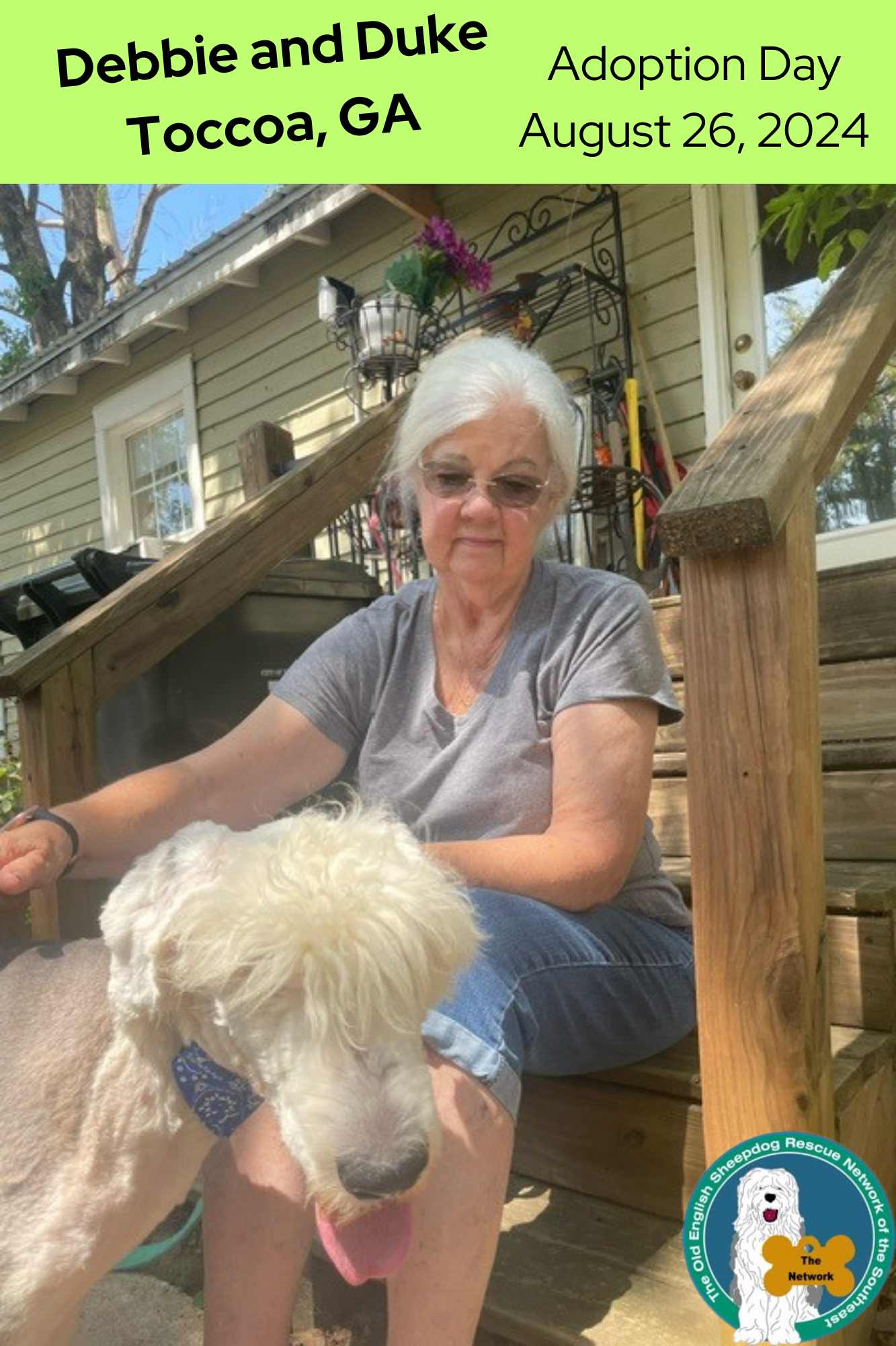 A woman is sitting on a porch with a dog.