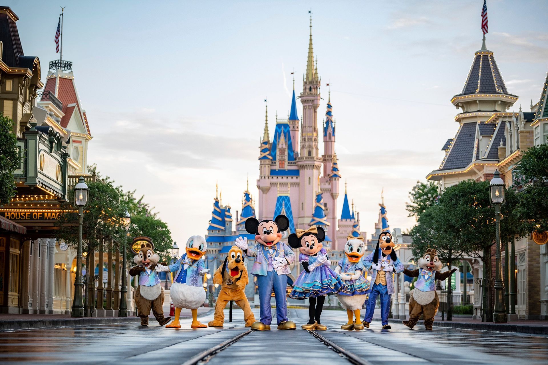 A group of mickey mouse and friends are standing in front of a castle.
