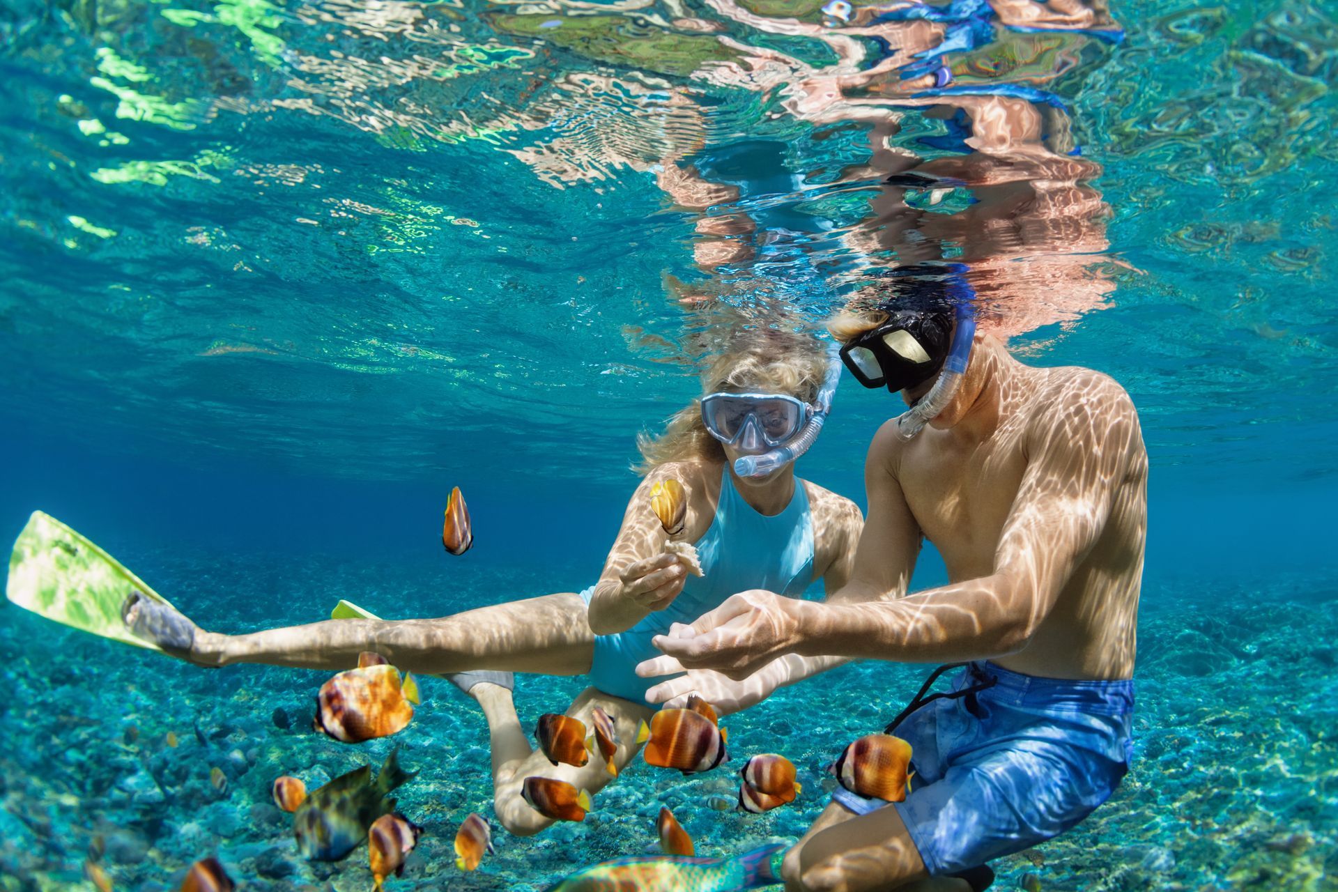 A man and a woman are snorkeling in the ocean with fish.