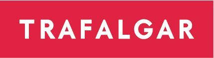 A red sign that says trafalgar in white letters