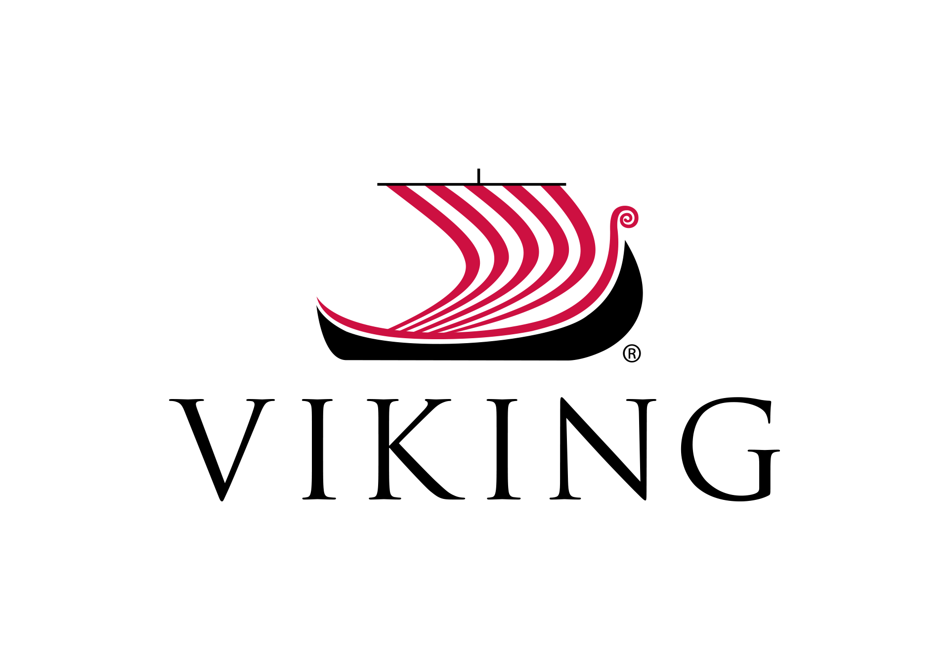 A logo for viking with a red and black boat on a white background.
