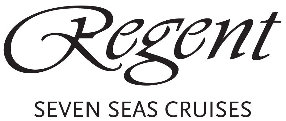 The logo for regent seven seas cruises is black and white.