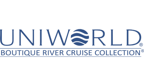The logo for uniworld boutique river cruise collection is blue and white.