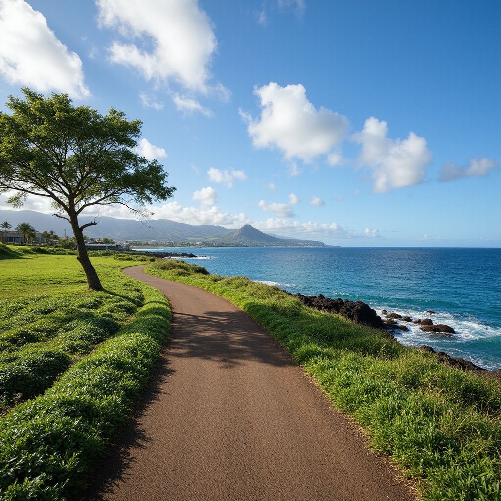 Paved path along coast with blue ocean, green grass, and tree under a partly cloudy sky.