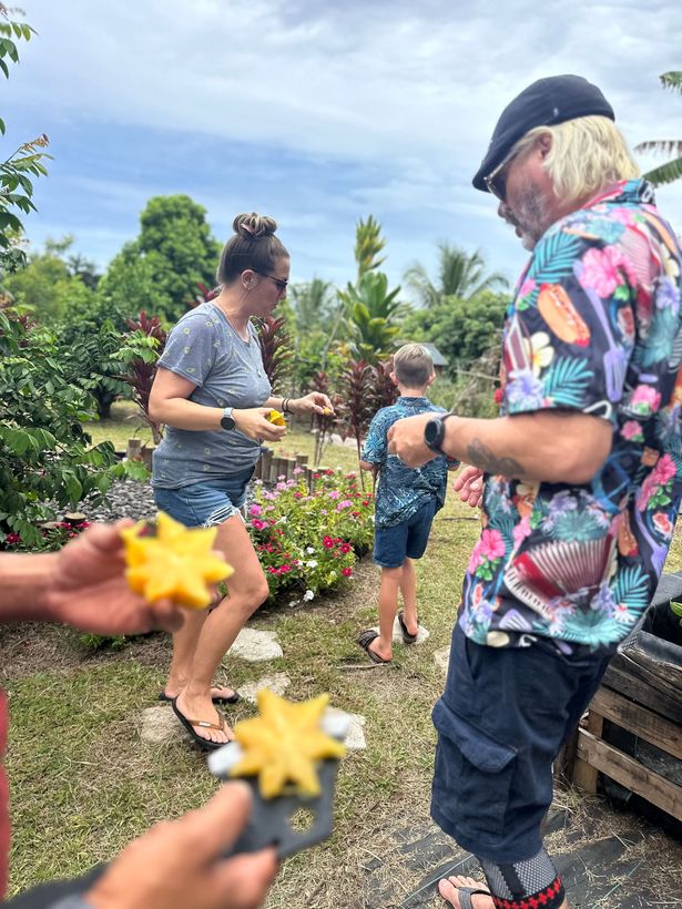People in tropical garden, one holding a starfruit, others picking fruit. Cloudy sky, greenery.