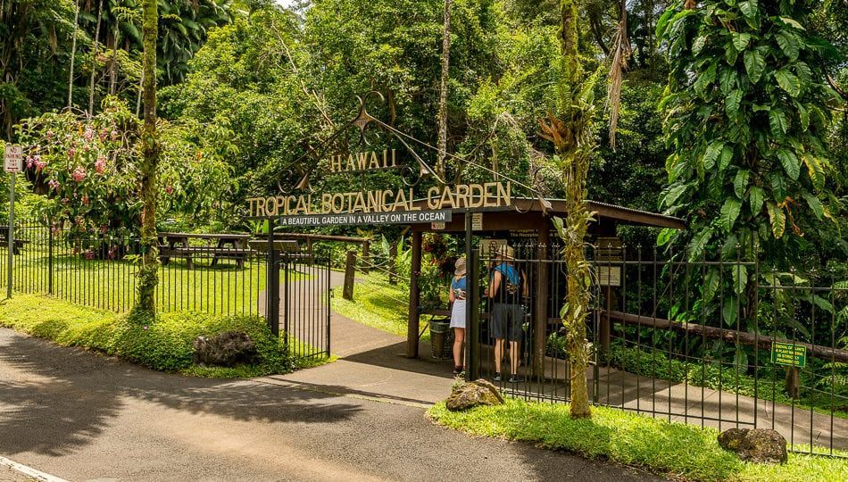 Entrance to a tropical botanical garden with a sign. Two people stand near the gate. Lush green vegetation surrounds.