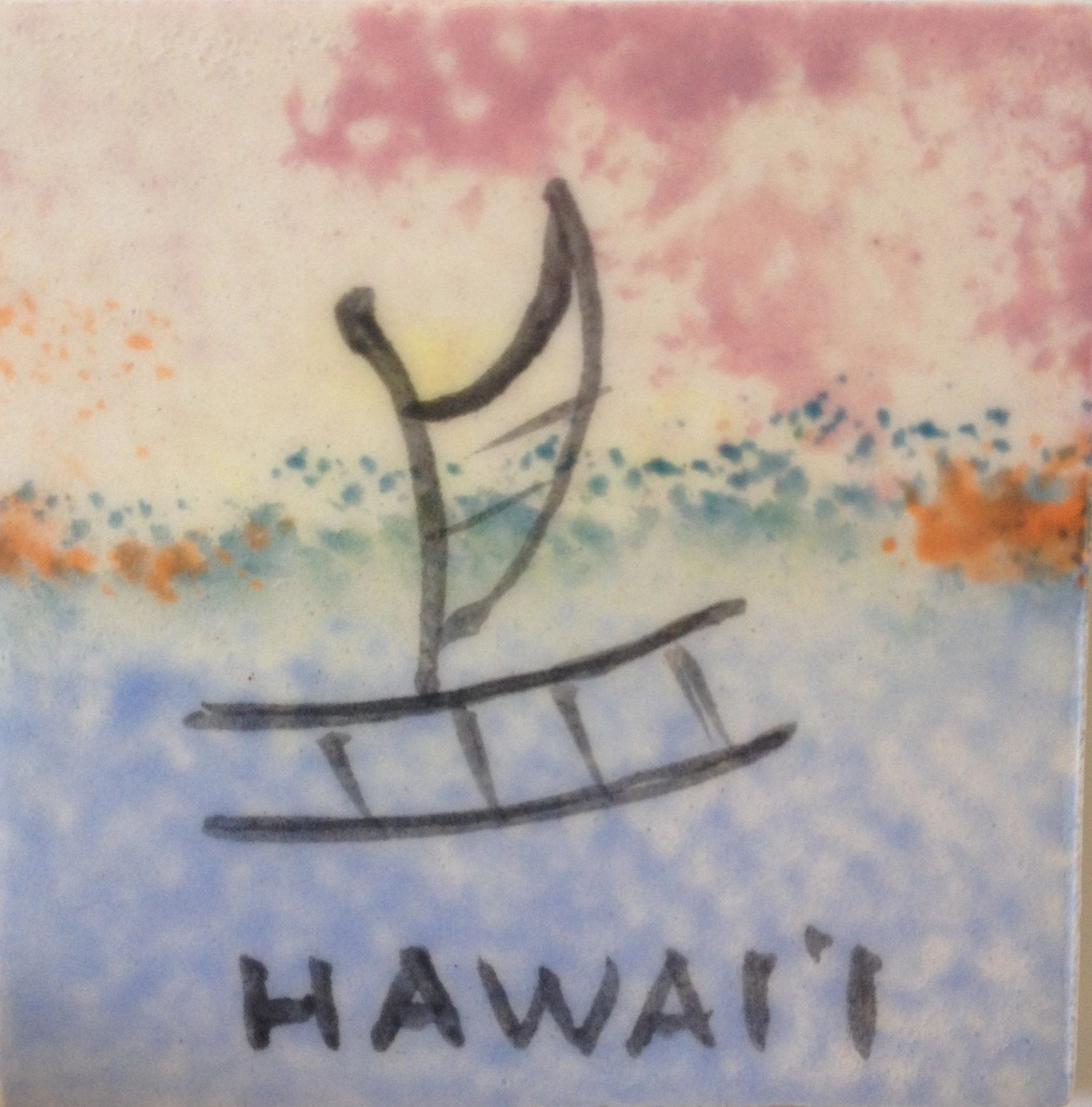 Hawaii tile with a sailboat illustration, blue ocean, and pink and yellow sky.