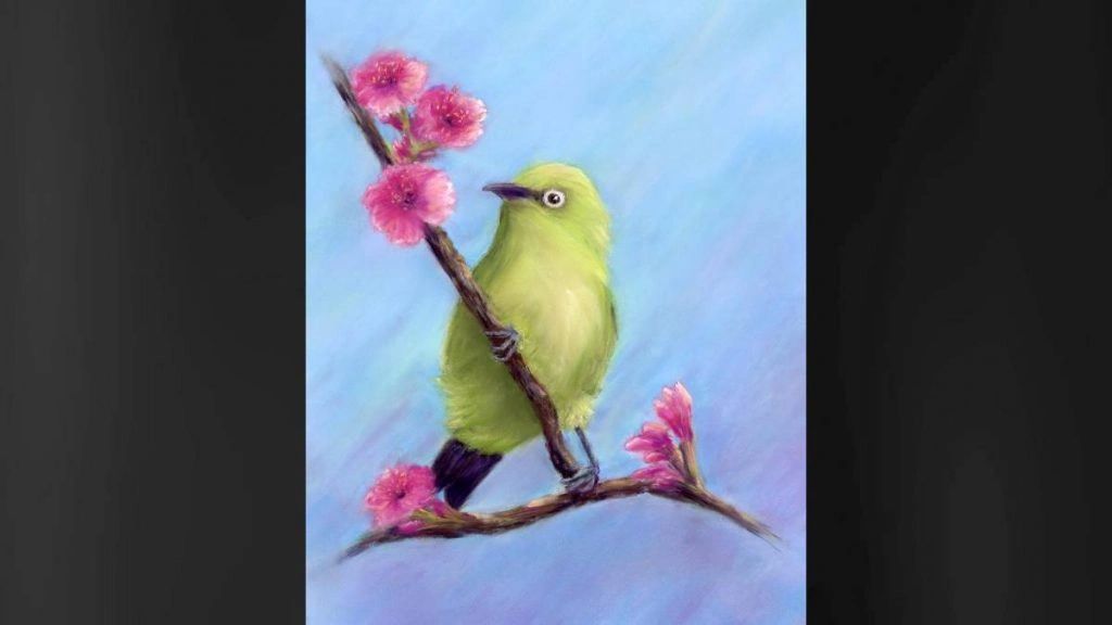 Green bird perched on a branch with pink flowers, blue background.