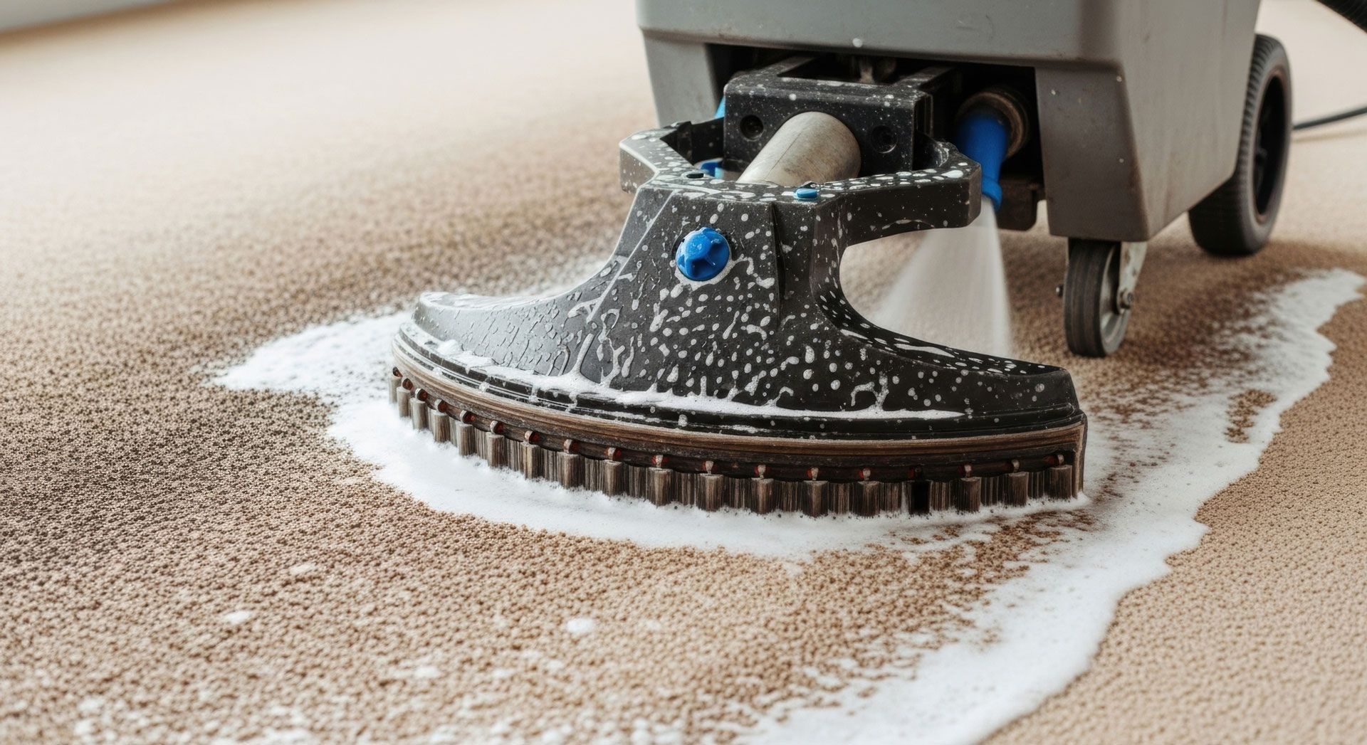 Industrial carpet cleaning machine in action: deep cleaning process with foam.