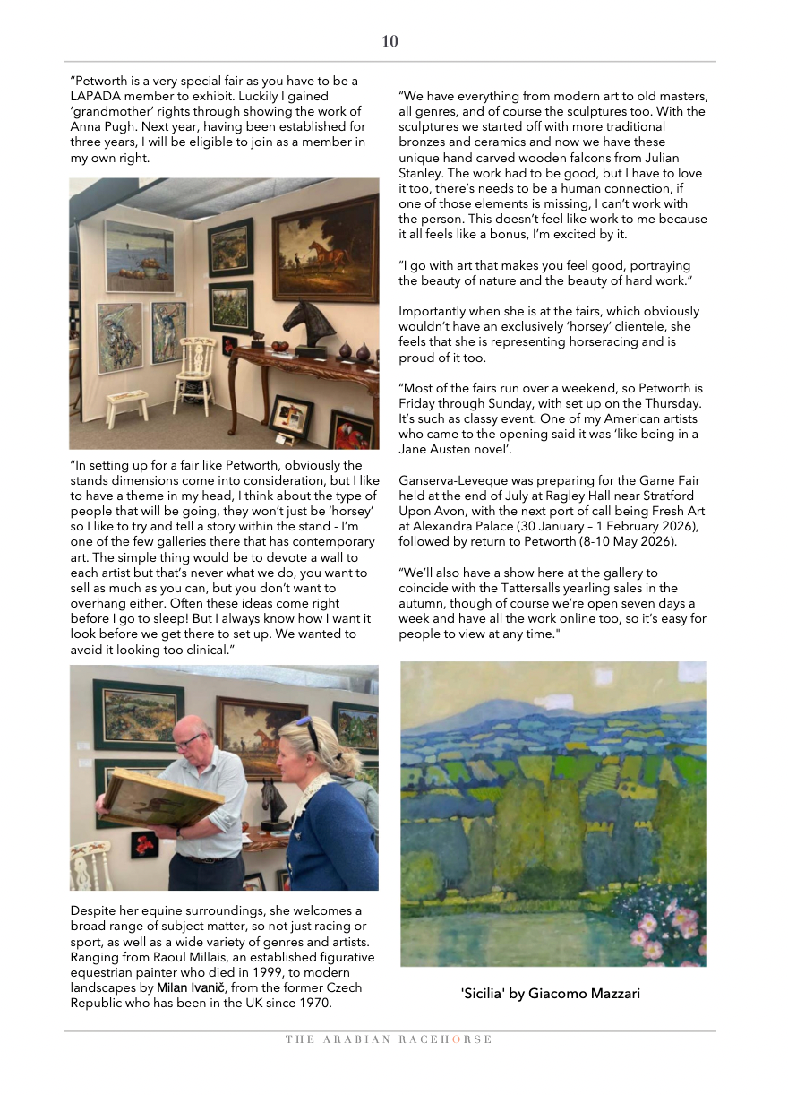 A man and a woman are standing in a room with paintings on the wall.