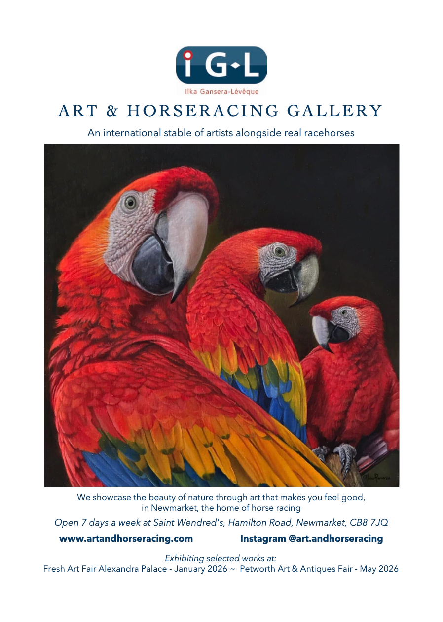 A poster for the art & horseracing gallery shows three colorful parrots