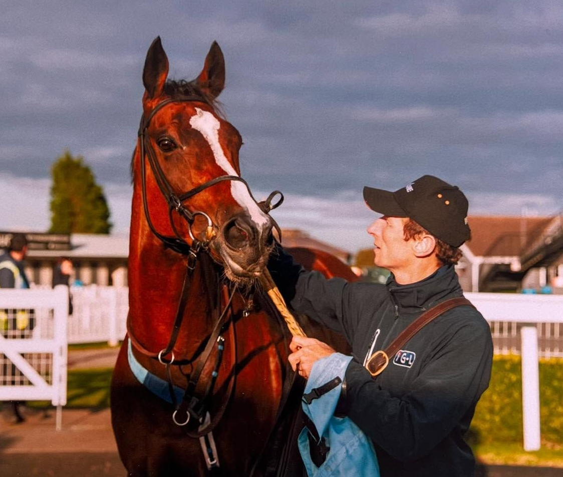 A chestnut horse with a white blaze, being held by a man wearing a black cap. They stand outside on a sunny day.