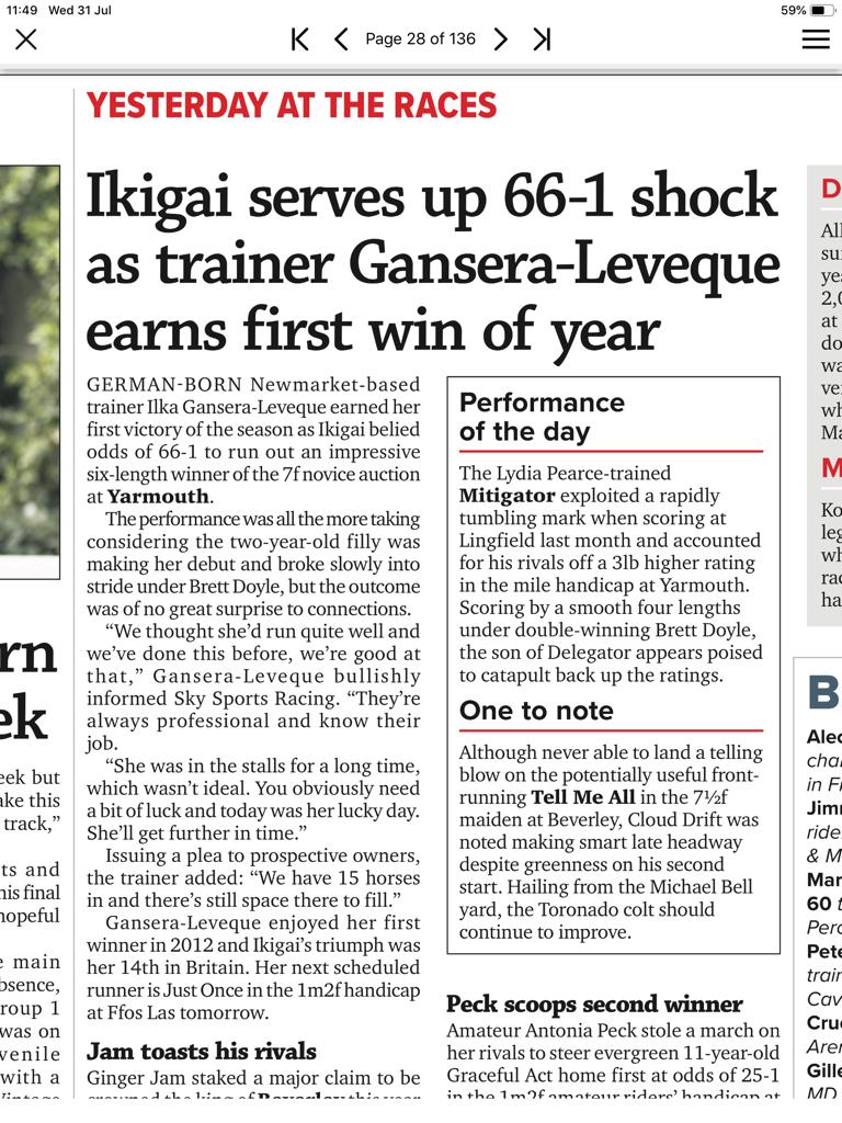 A newspaper article about ikigai serving up 66-1 shock as trainer gansera-leveque earns first win of year.