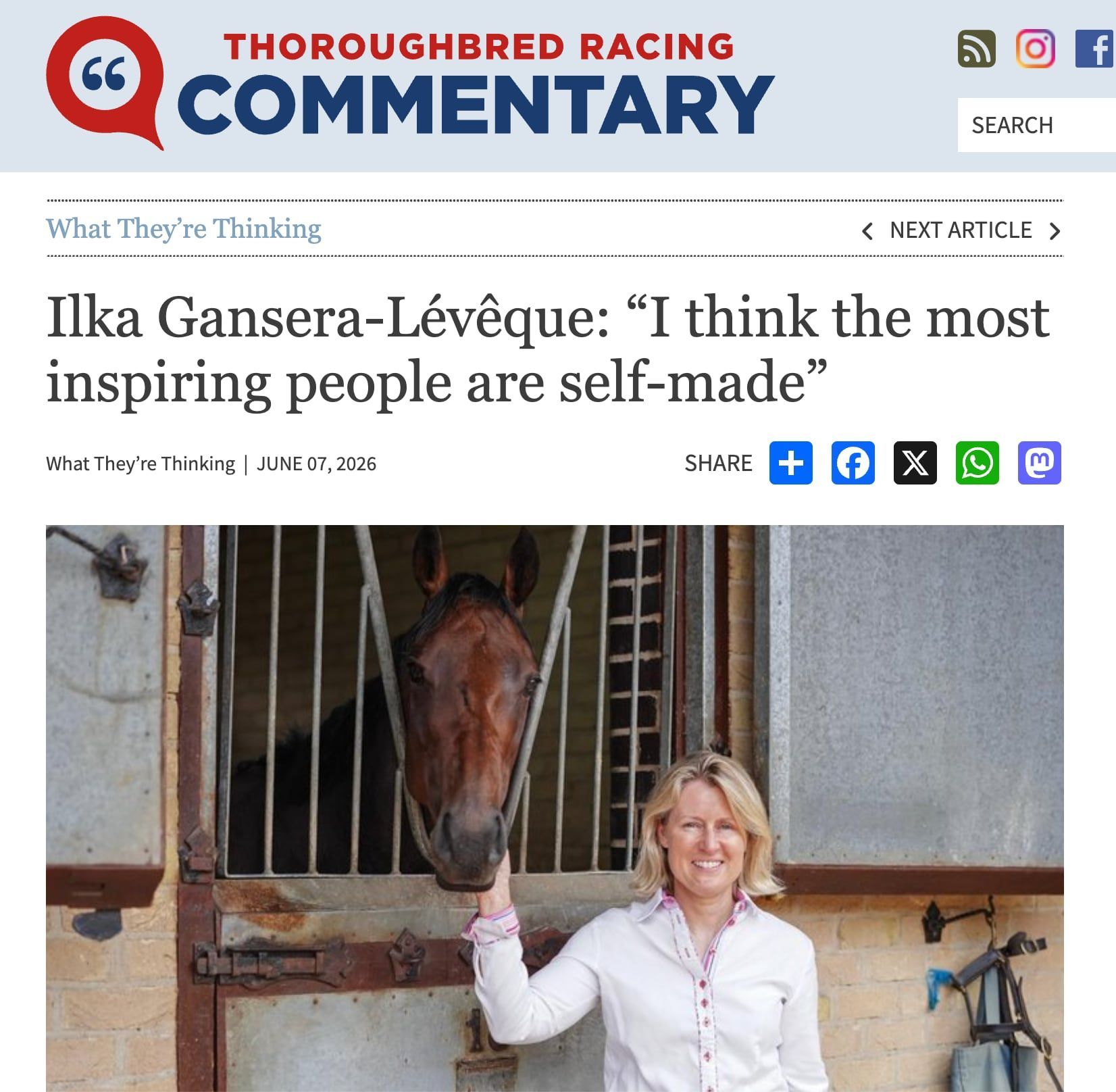 Woman smiling beside a horse in a stable, from a Thoroughbred Racing Commentary article screenshot