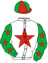 Racing silks: white jacket, red star, green sleeves with red stars, green and red cap.