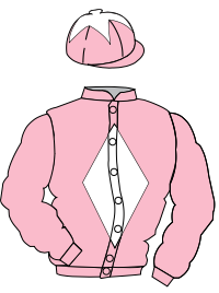Pink and white jockey silks with white diamond, cap with white star.