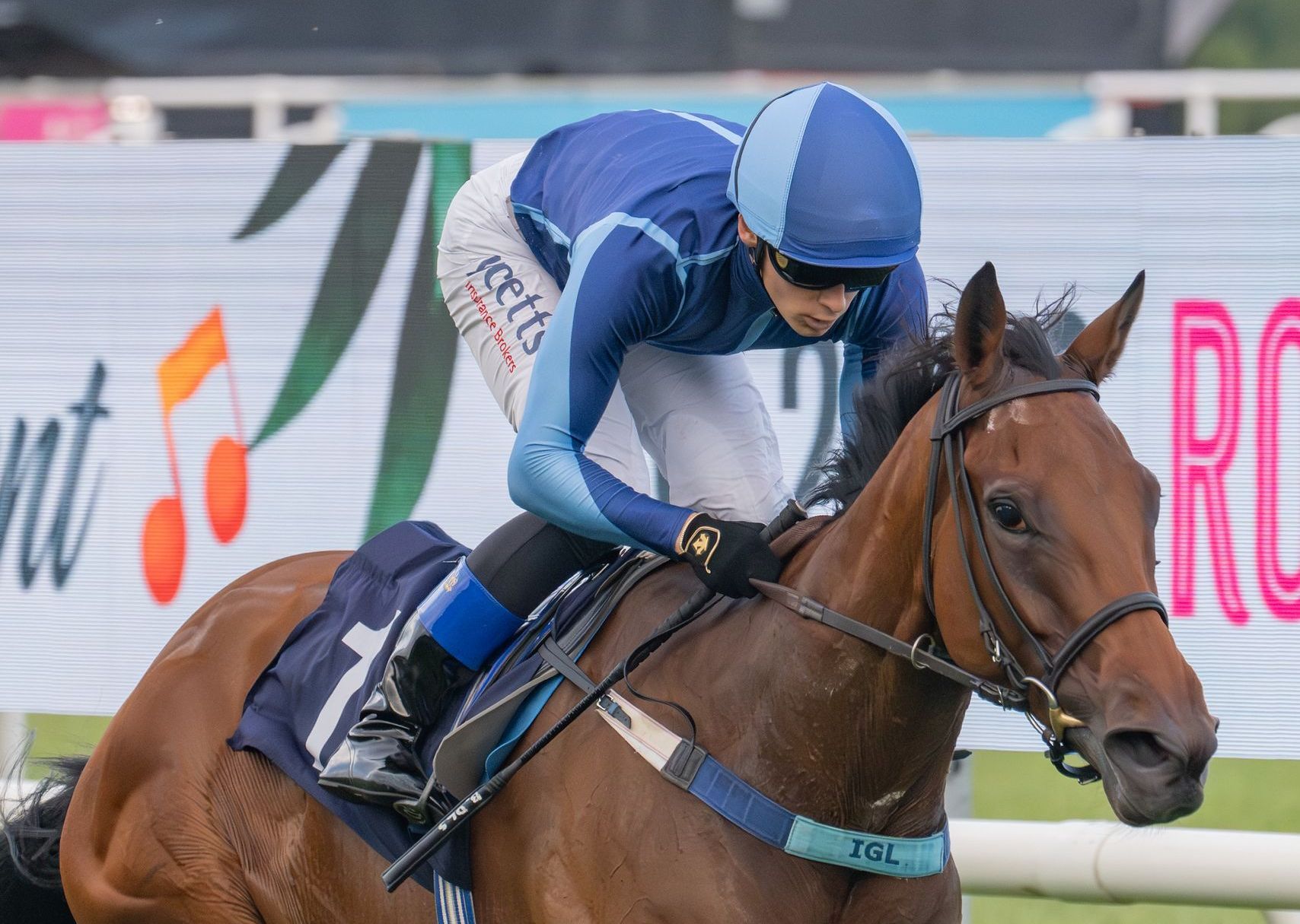 A jockey is riding a brown horse on a race track.