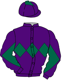 Purple jacket with green diamonds, jockey silks.