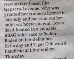 A newspaper article about gansera leveque who was granted her trainer 's license in late july