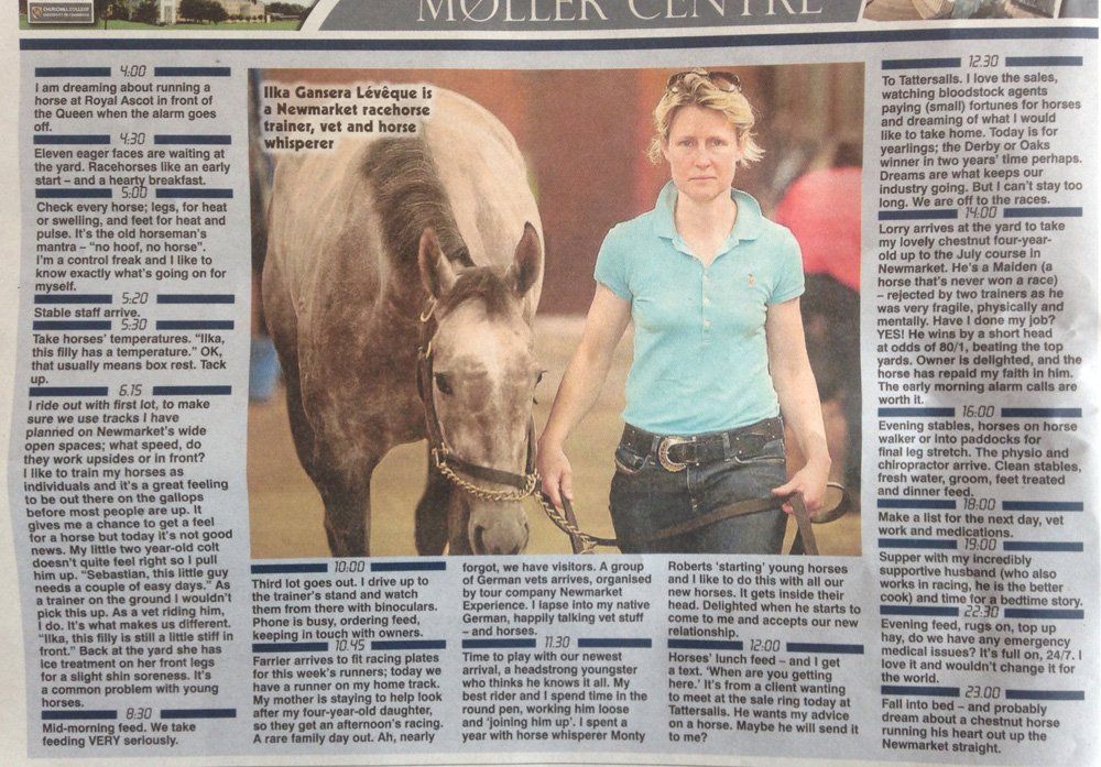 A woman is standing next to a horse in a newspaper article