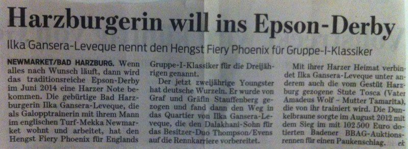 A newspaper article that says harzburgerin will ins epson-derby