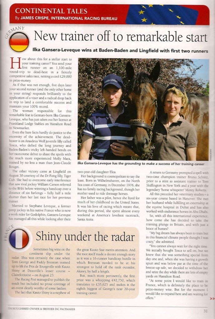 A man and a woman are standing next to a horse in a magazine.