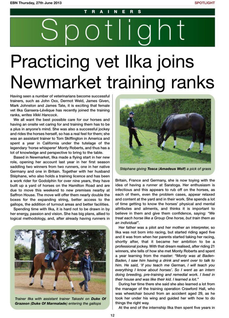 A newspaper article about practicing vet ikka joining newmarket training ranks.