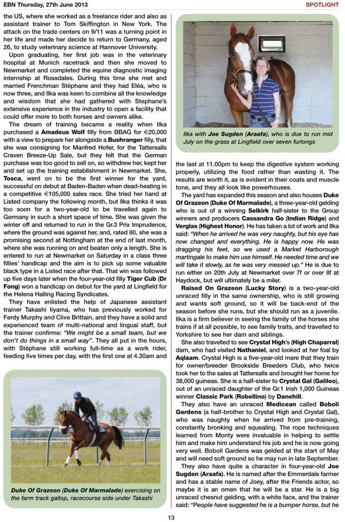 A man is riding a horse in a newspaper article.