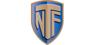 A blue and gold shield with the letter nf on it