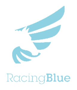 A logo for racing blue with a blue wing on a white background