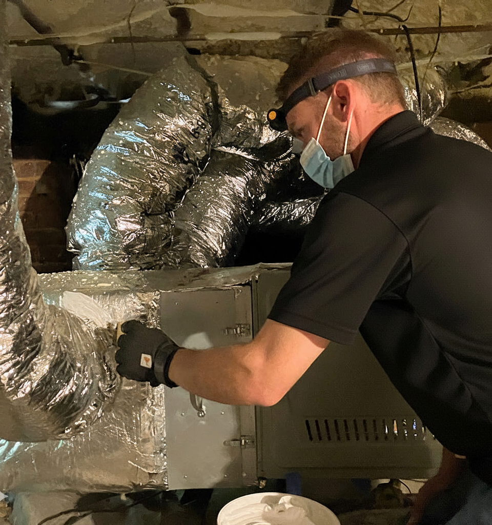 Person in mask and headlamp working on HVAC ductwork in a crawl space.