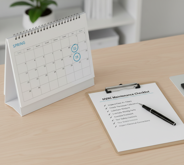 Calendar and clipboard on a light wood desk. The calendar has blue markings. A pen is on the clipboard.