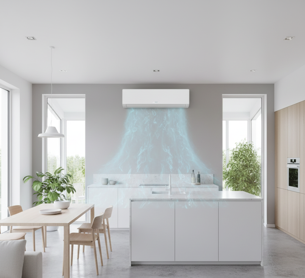 Modern white kitchen with air conditioning unit emitting blue air currents. Dining table, cabinets, and windows present.