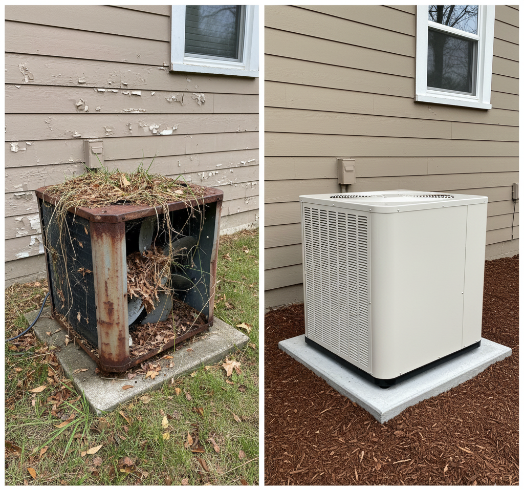 Before and after of an AC unit. The old unit is rusty and dirty. The new unit is clean and modern.