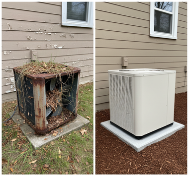 Before and after of an AC unit. The old unit is rusty and dirty. The new unit is clean and modern.
